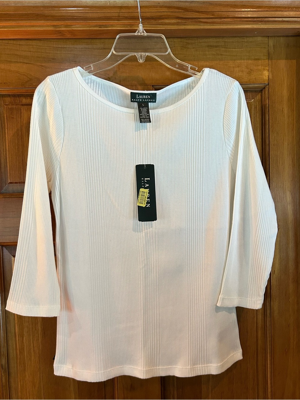 Lauren Ralph Lauren White Ribbed Boatneck 3/4 Sleeve Tee